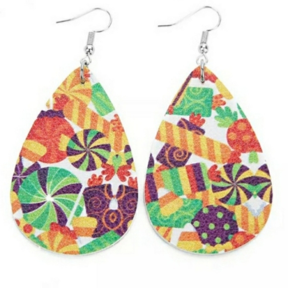 Orange Green Leather Teardrop Holiday Candy Dangle Drop Earrings - Picture 1 of 5